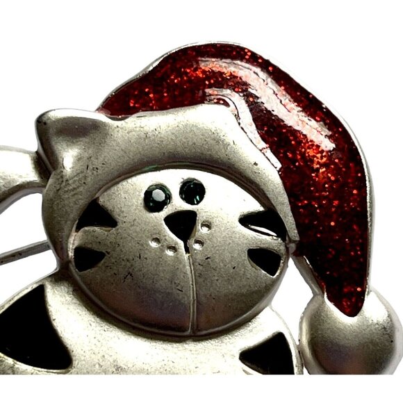Christmas Cat In Santa Hat Dangling Legs Silver Red & Black Vintage - Picture 2 of 12
